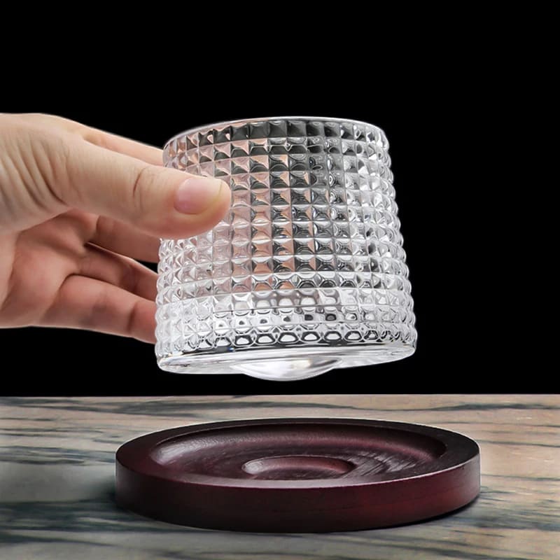 Crystal Whiskey Glass with Rotating Wooden Base — Premium Tumbler for Drinks & Gifting