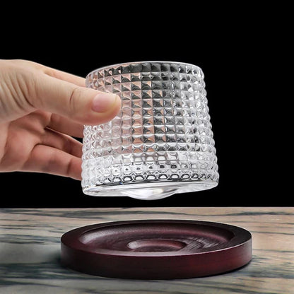 Crystal Whiskey Glass with Rotating Wooden Base — Premium Tumbler for Drinks & Gifting