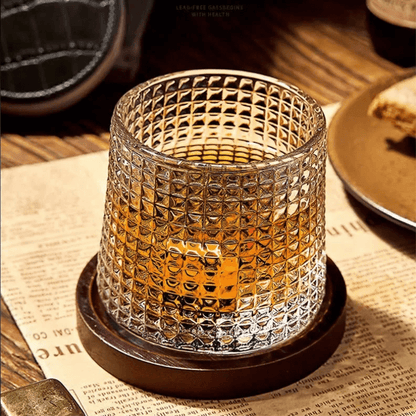 Crystal Whiskey Glass with Rotating Wooden Base — Premium Tumbler for Drinks & Gifting
