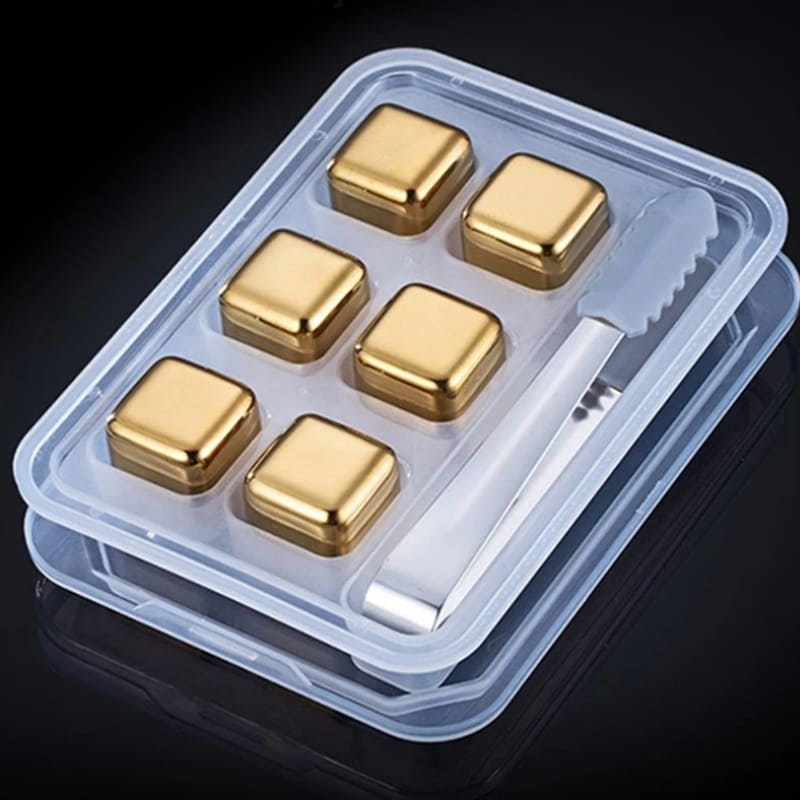 Gold Stainless Steel Ice Cubes with Tongs – Reusable Whiskey & Cocktail Chillers