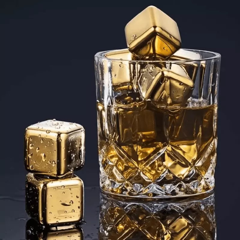 Gold Stainless Steel Ice Cubes with Tongs – Reusable Whiskey & Cocktail Chillers