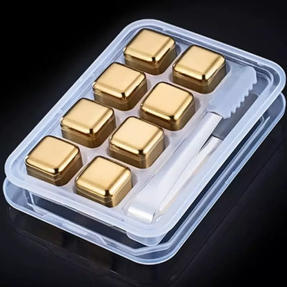 Gold Stainless Steel Ice Cubes with Tongs – Reusable Whiskey & Cocktail Chillers