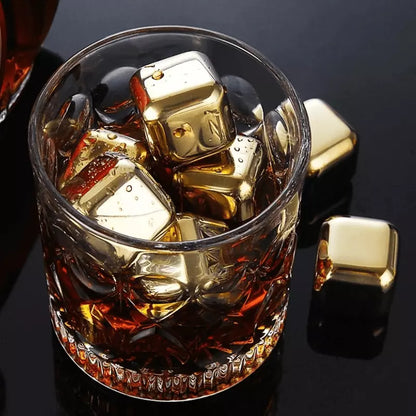 Gold Stainless Steel Ice Cubes with Tongs – Reusable Whiskey & Cocktail Chillers