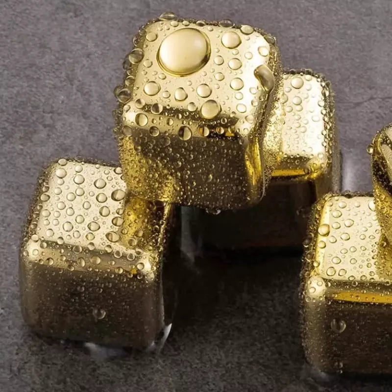 Gold Stainless Steel Ice Cubes with Tongs – Reusable Whiskey & Cocktail Chillers