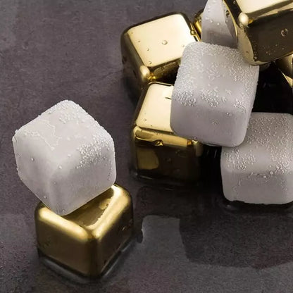 Gold Stainless Steel Ice Cubes with Tongs – Reusable Whiskey & Cocktail Chillers