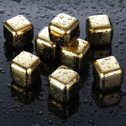 Gold Stainless Steel Ice Cubes with Tongs – Reusable Whiskey & Cocktail Chillers