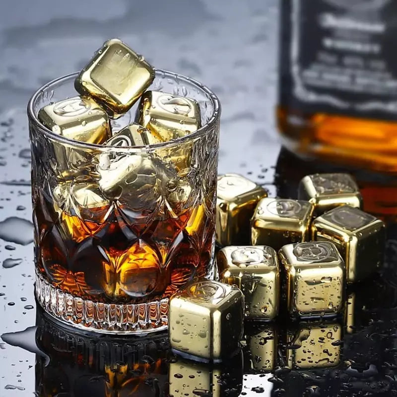 Gold Stainless Steel Ice Cubes with Tongs – Reusable Whiskey & Cocktail Chillers