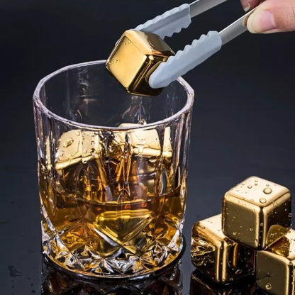 Gold Stainless Steel Ice Cubes with Tongs – Reusable Whiskey & Cocktail Chillers