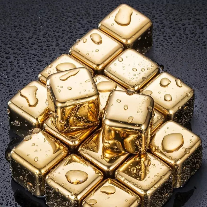Gold Stainless Steel Ice Cubes with Tongs – Reusable Whiskey & Cocktail Chillers
