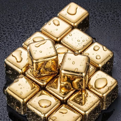 Gold Stainless Steel Ice Cubes with Tongs – Reusable Whiskey & Cocktail Chillers