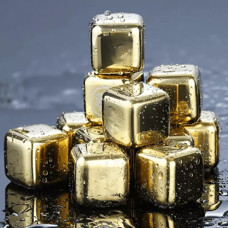 Gold Stainless Steel Ice Cubes with Tongs – Reusable Whiskey & Cocktail Chillers