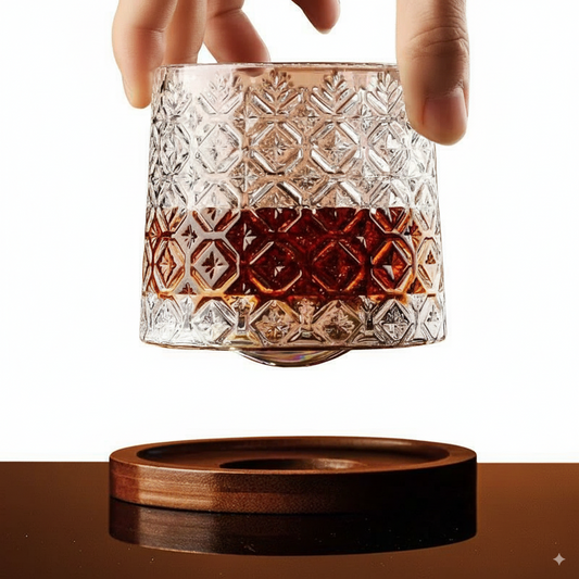 Crystal Whiskey Glass with Rotating Wooden Base — Premium Tumbler for Drinks & Gifting