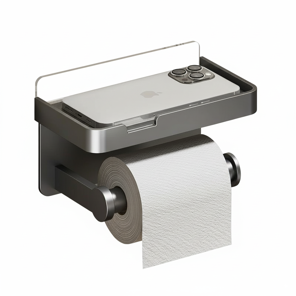 Toilet Paper Holder – Stainless Steel Bathroom Roll Dispenser with Shelf for Storage & Organization