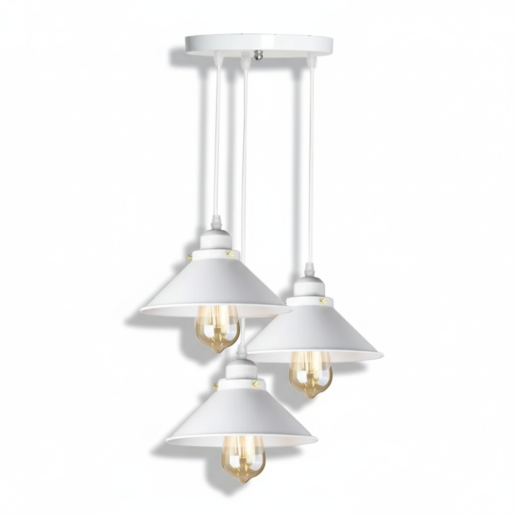 White Retro Triple Bulb Pendant Light – Vintage Industrial Lighting for Kitchen or Bar