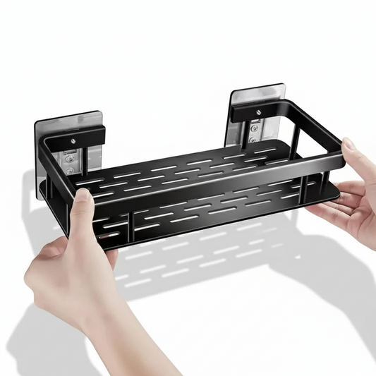 Black Bathroom Shelves with Adhesive Hooks – Strong Wall Storage Organizer for Toiletries and Towels