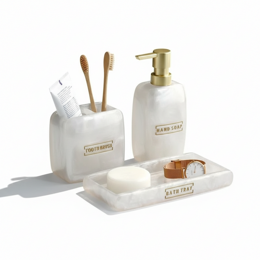 3-Piece Resin Bathroom Accessory Set – Elegant & Functional Soap Dispenser, Cup & Tray