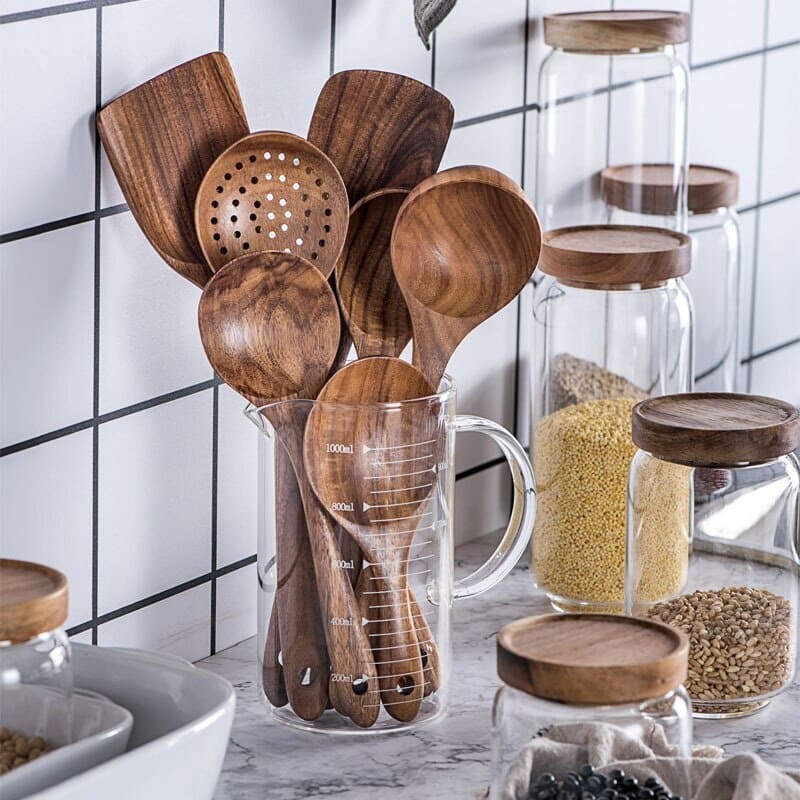 7-Piece Teak Wood Kitchen Utensil Set – Durable Non-Stick Cooking Tools