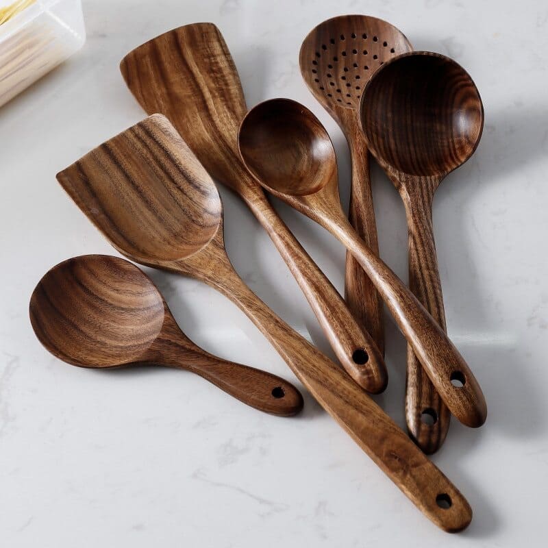 7-Piece Teak Wood Kitchen Utensil Set – Durable Non-Stick Cooking Tools