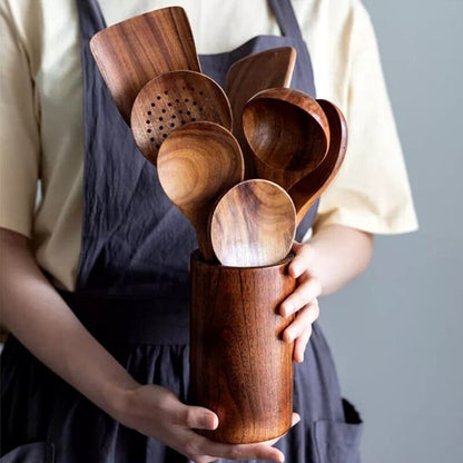7-Piece Teak Wood Kitchen Utensil Set – Durable Non-Stick Cooking Tools