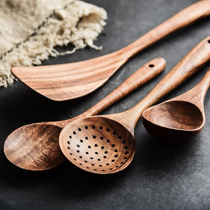 7-Piece Teak Wood Kitchen Utensil Set – Durable Non-Stick Cooking Tools
