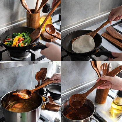 7-Piece Teak Wood Kitchen Utensil Set – Durable Non-Stick Cooking Tools