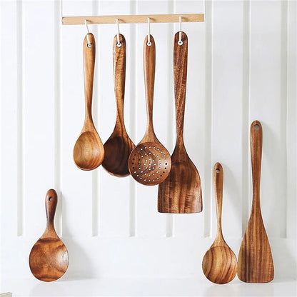 7-Piece Teak Wood Kitchen Utensil Set – Durable Non-Stick Cooking Tools