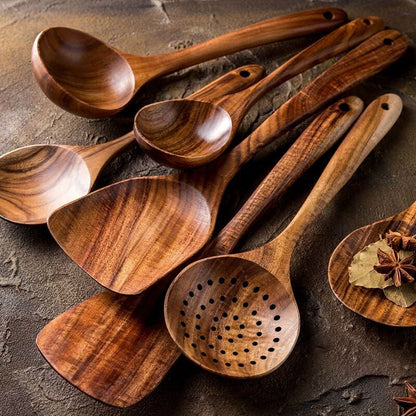 7-Piece Teak Wood Kitchen Utensil Set – Durable Non-Stick Cooking Tools