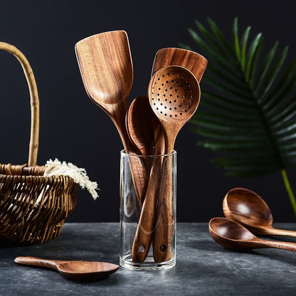 7-Piece Teak Wood Kitchen Utensil Set – Durable Non-Stick Cooking Tools