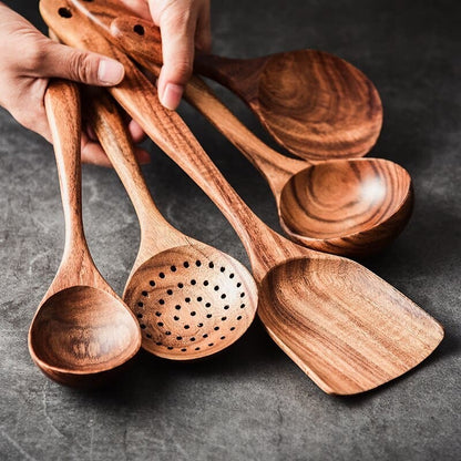 7-Piece Teak Wood Kitchen Utensil Set – Durable Non-Stick Cooking Tools