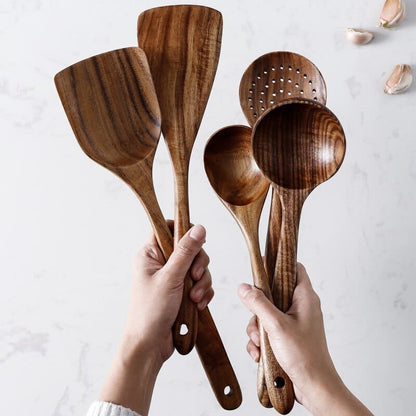 7-Piece Teak Wood Kitchen Utensil Set – Durable Non-Stick Cooking Tools