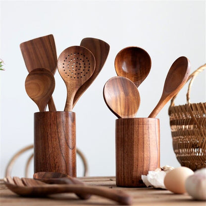 7-Piece Teak Wood Kitchen Utensil Set – Durable Non-Stick Cooking Tools