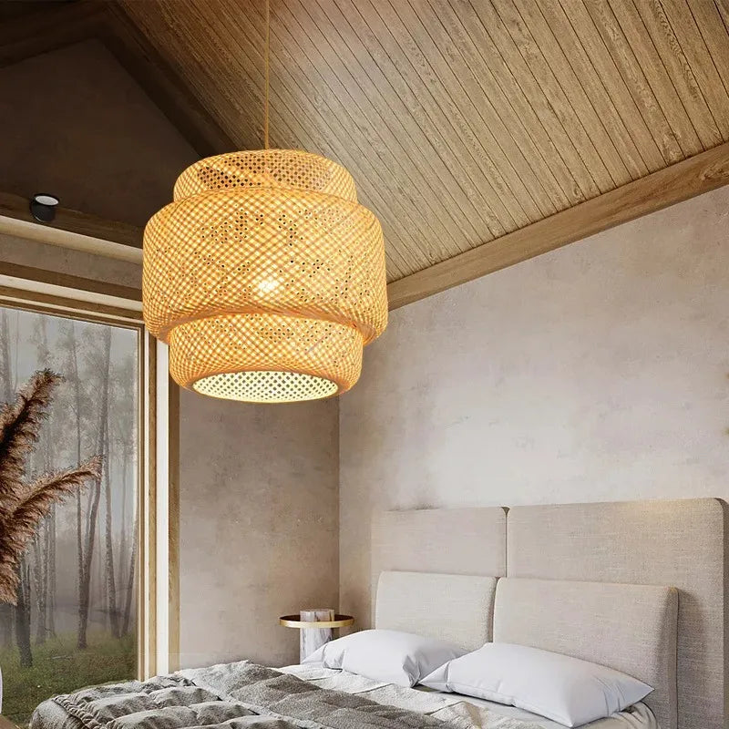 Handwoven Bamboo Pendant Light – Natural Japanese Style Ceiling Lamp for Zen Vibes in Dining or Bedroom