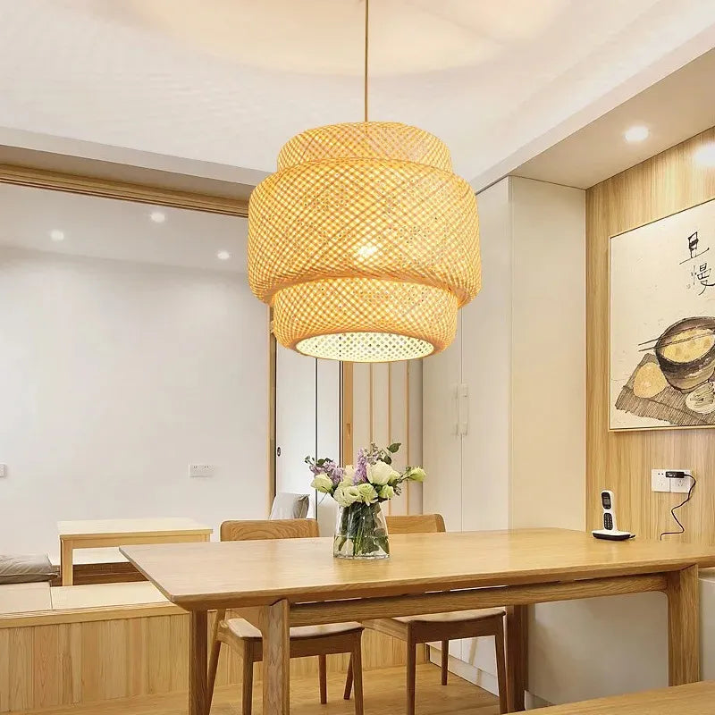Handwoven Bamboo Pendant Light – Natural Japanese Style Ceiling Lamp for Zen Vibes in Dining or Bedroom