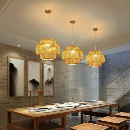 Handwoven Bamboo Pendant Light – Natural Japanese Style Ceiling Lamp for Zen Vibes in Dining or Bedroom