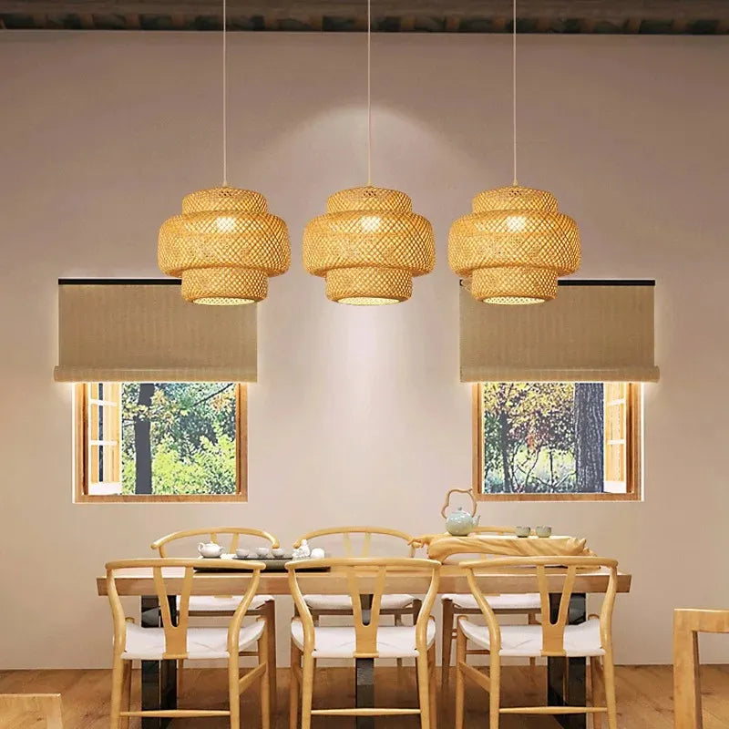 Handwoven Bamboo Pendant Light – Natural Japanese Style Ceiling Lamp for Zen Vibes in Dining or Bedroom