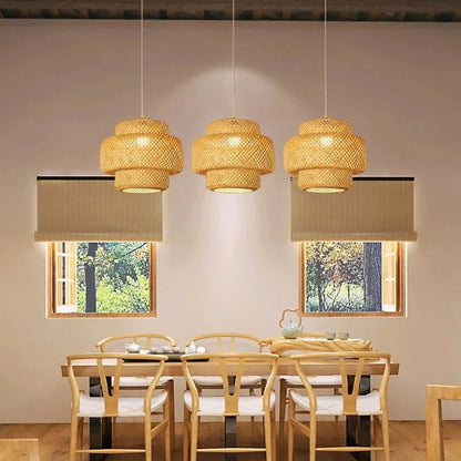Handwoven Bamboo Pendant Light – Natural Japanese Style Ceiling Lamp for Zen Vibes in Dining or Bedroom