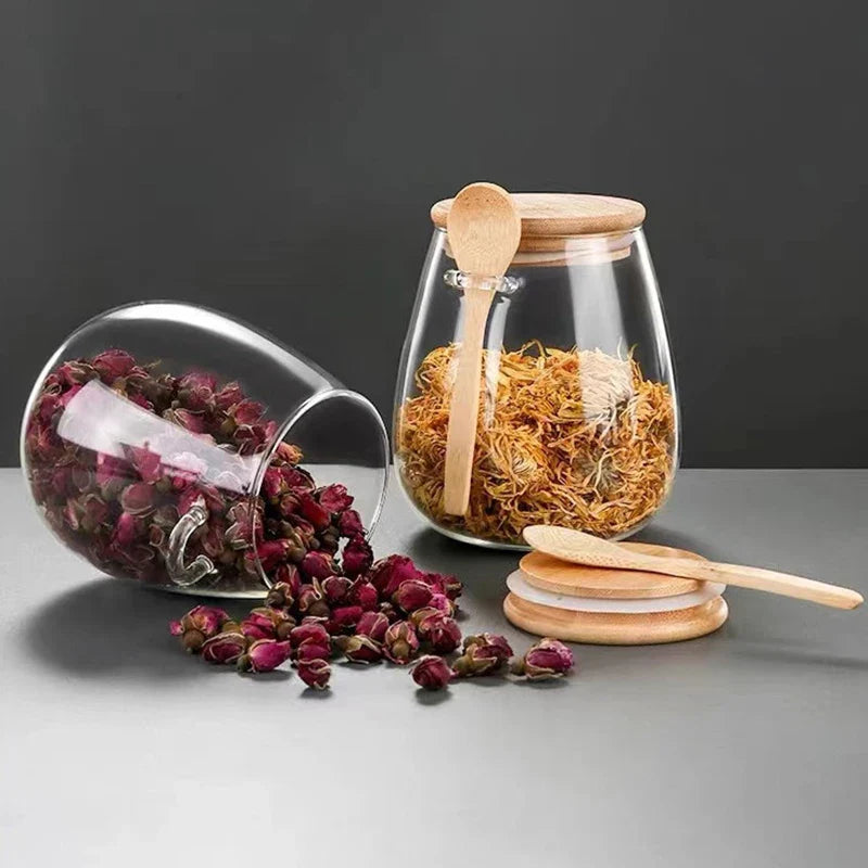 Glass Storage Jar with Wooden Lid & Spoon – Eco-Friendly Kitchen Organizer