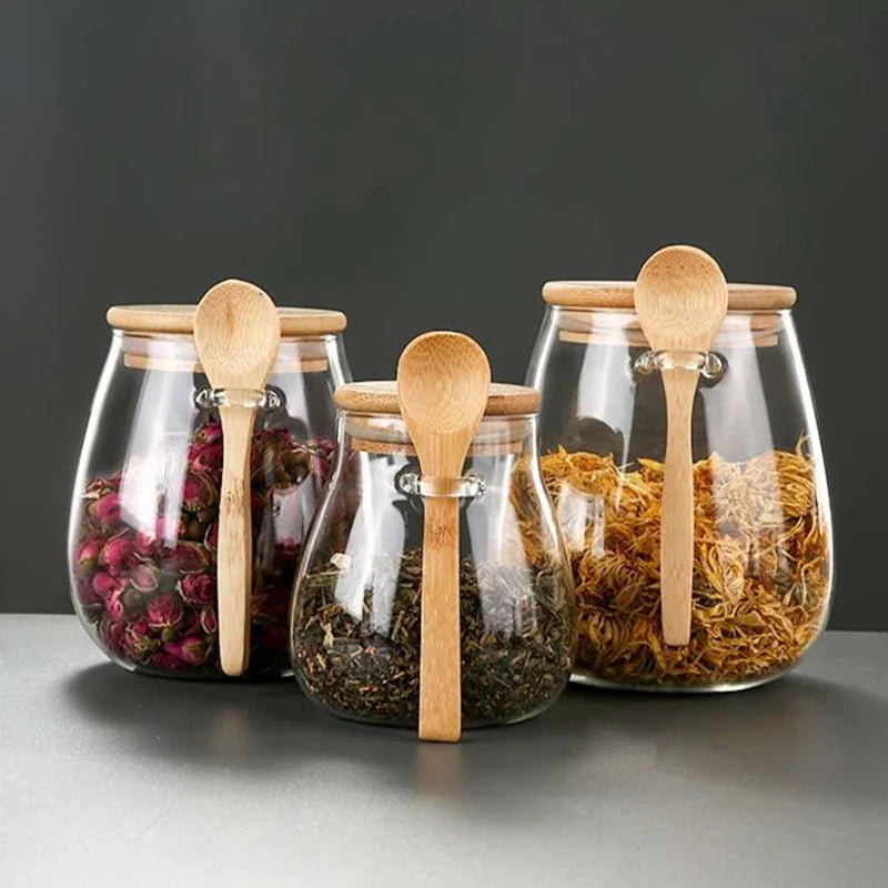 Glass Storage Jar with Wooden Lid & Spoon – Eco-Friendly Kitchen Organizer