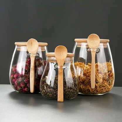 Glass Storage Jar with Wooden Lid & Spoon – Eco-Friendly Kitchen Organizer
