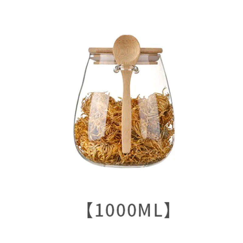 Glass Storage Jar with Wooden Lid & Spoon – Eco-Friendly Kitchen Organizer