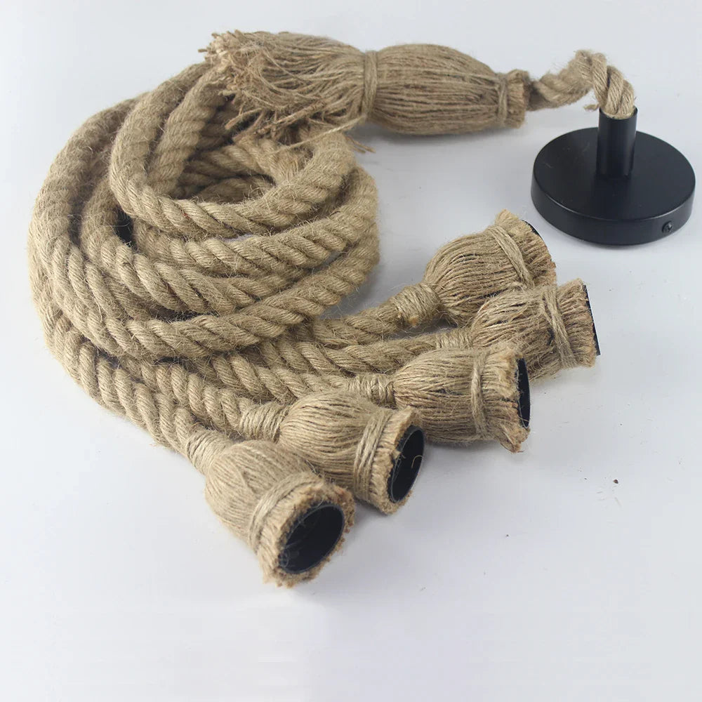 Adjustable Vintage Hemp Rope Pendant Lamp – Rustic Retro Light for Café, Bar or Hall