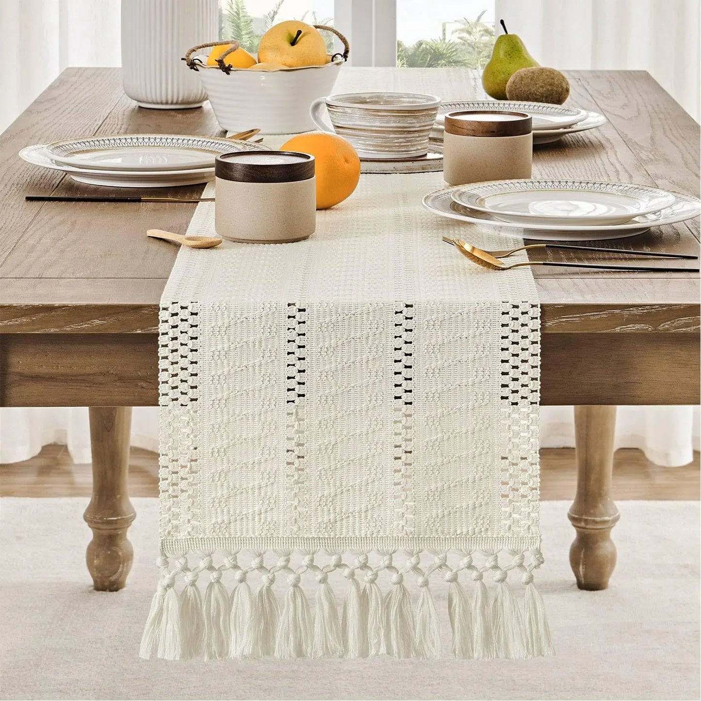 Boho Cotton & Polyester Table Runner – Elegant Rustic Dining Decoration