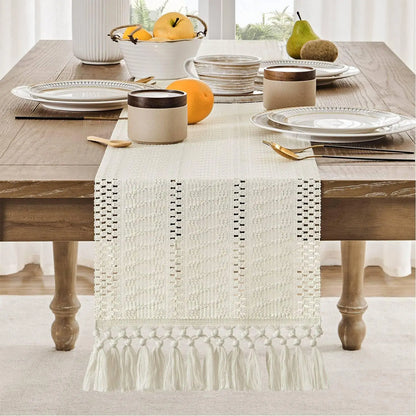 Boho Cotton & Polyester Table Runner – Elegant Rustic Dining Decoration