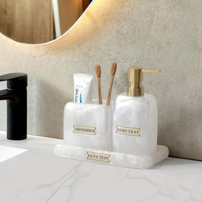3-Piece Resin Bathroom Accessory Set – Elegant & Functional Soap Dispenser, Cup & Tray