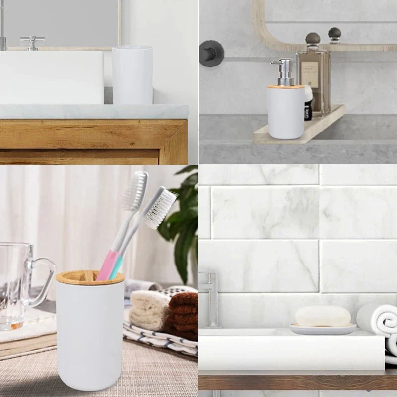 4-Piece Bamboo Bathroom Accessory Set – Eco-Friendly Soap Dispenser, Cups & Tray Organizer