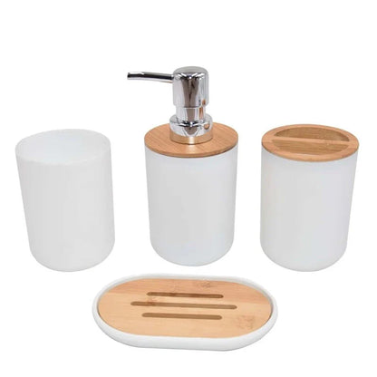4-Piece Bamboo Bathroom Accessory Set – Eco-Friendly Soap Dispenser, Cups & Tray Organizer