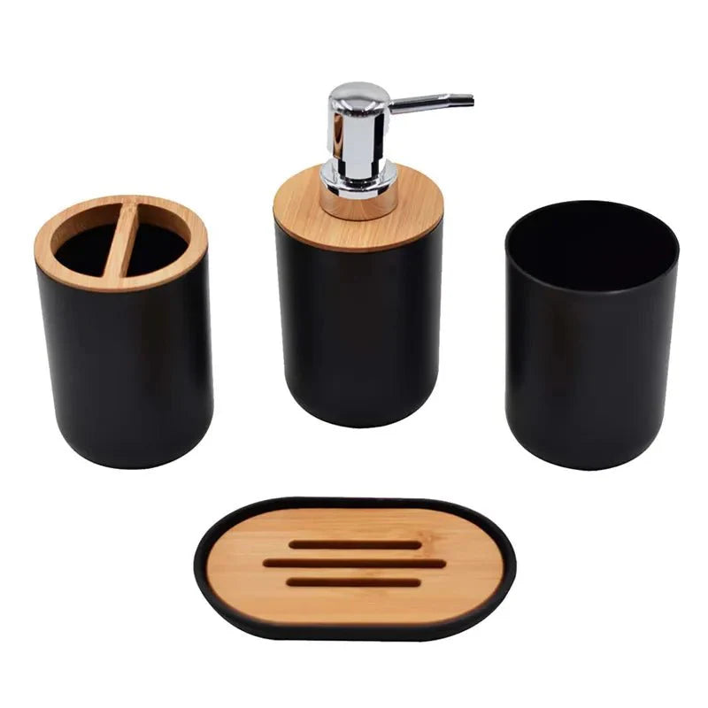 4-Piece Bamboo Bathroom Accessory Set – Eco-Friendly Soap Dispenser, Cups & Tray Organizer