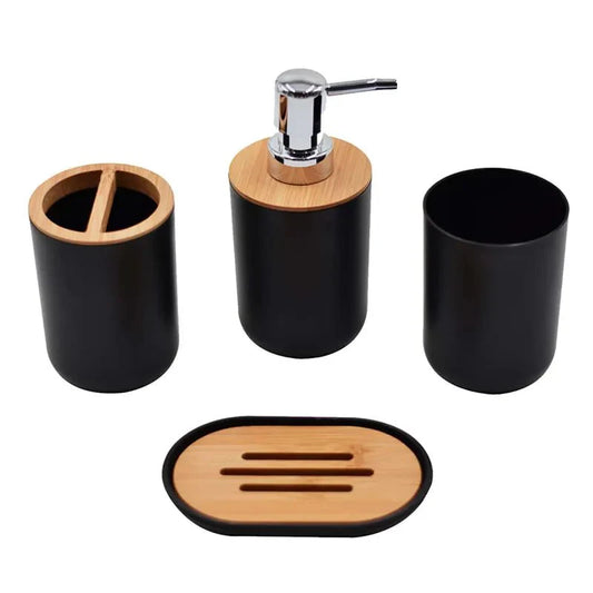 4-Piece Bamboo Bathroom Accessory Set – Eco-Friendly Soap Dispenser, Cups & Tray Organizer