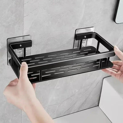 Black Bathroom Shelves with Adhesive Hooks – Strong Wall Storage Organizer for Toiletries and Towels