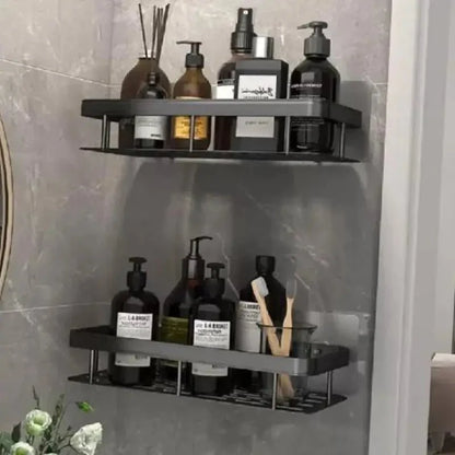 Black Bathroom Shelves with Adhesive Hooks – Strong Wall Storage Organizer for Toiletries and Towels